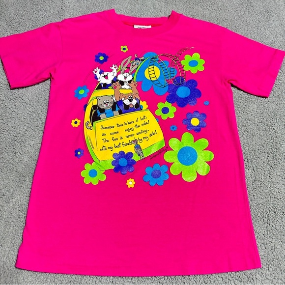 Vintage Northern Getaway Pink Tee Cartoon Ride Floral Print Canada Size Large - Picture 1 of 6
